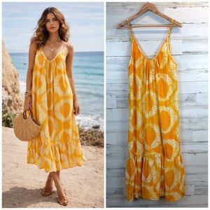 Electric & Rose Laney Yellow Tie Dye Boho Maxi Dress L Spaghetti Strap Summer